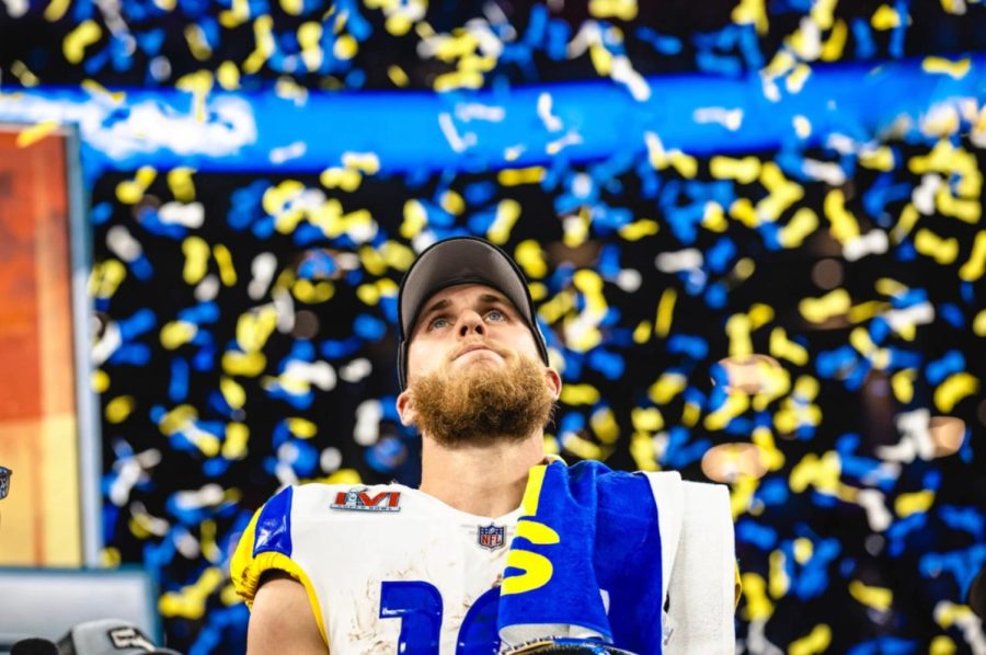 VICTORY: Super Bowl MVP wide receiver Cooper Kupp celebrated after the win with raining confetti behind him. He scored two touchdowns during the game. 