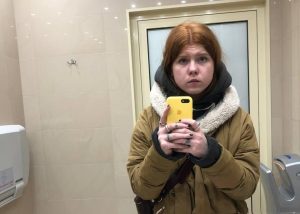 TRAVELING: Polina Vorona, 18, stopped to take a selfie in a restroom on her way from Ukraine to Poland in February. She and her grandmother traveled together from Kyiv, leaving behind Polinas father and grandfather. I know it’s really hard for Granny, Polina said, “[to] be separate [from] her husband, with my grandfather, for the first time in I don’t know, 40 years.
