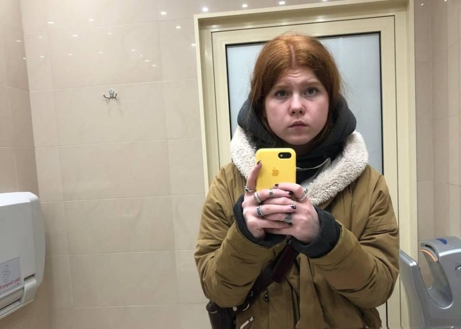 TRAVELING: Polina Vorona, 18, stopped to take a selfie in a restroom on her way from Ukraine to Poland in February. She and her grandmother traveled together from Kyiv, leaving behind Polinas father and grandfather. I know it’s really hard for Granny, Polina said, “[to] be separate [from] her husband, with my grandfather, for the first time in I don’t know, 40 years.
