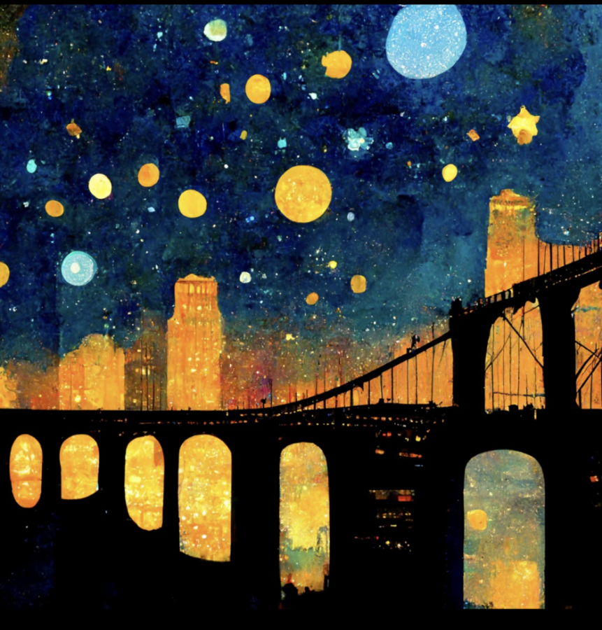 The AI program Elliot used produces creates four pictures for each prompt. Here s a second one  made from the prompt, “Van Gogh’s Starry Night but with the Brooklyn Bridge.”