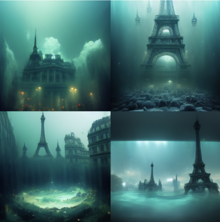 Four art pieces made by an AI art generator using Elliots prompt, “Paris submerged under water like Atlantis.”
