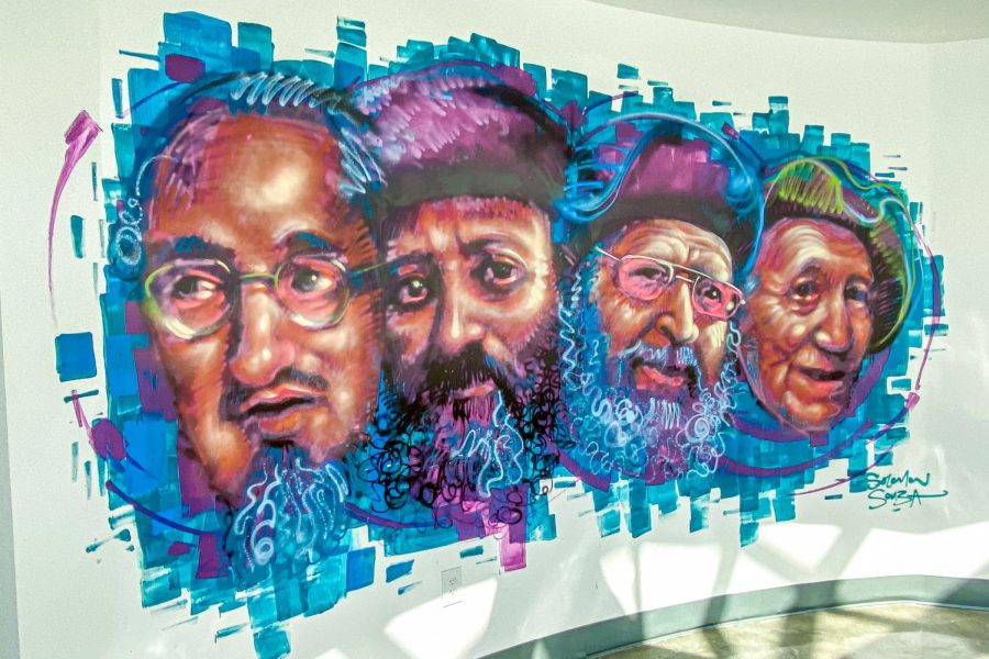 FINISHED PRODUCT: The third-floor artwork features the heads of four religious, historical figures: Rav Joseph Soloveichik, Rav Abraham Isaac Kook, Rav Ovadiah Yosef and Nechama Liebowitz.