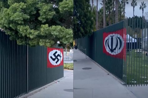ILLUSION: Two views of the fence design seen on Fairfax Avenue Monday show that from the south, it depicted the Iranian flag, in Nazi colors