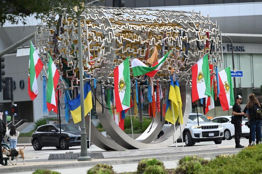 MONUMENT: Protesters at a Jan. 8 gathering at Century City’s “Freedom Structure” art installation draped it with hijabs along with Iranian and Ukrainian flags.
