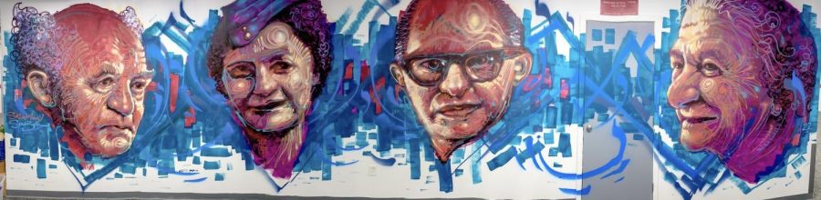 MASSIVE: Each Israeli pioneer glances in a different direction on mural that covers an entire hallway of the basement. From left to right, David Ben Gurion, Hannah Senesh, Menachem Begin, and Golda Meir.
