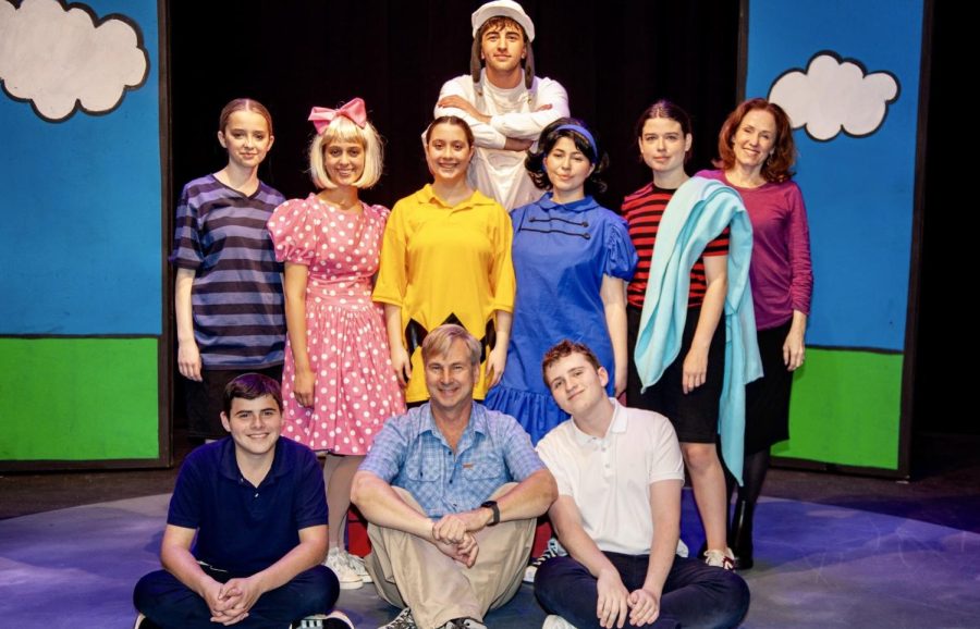 CAST: Cast and crew of ‘You’re A Good Man, Charlie Brown’ posed in cos-
tume with Drama teacher Ms. Emily Chase and musical director Tom Griep.