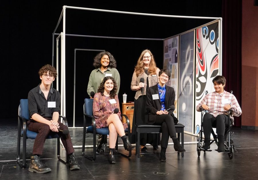 STARS: Tehilla Fishman, center left, on stage at the Joan Kroc Theater in San Diego with the other winners of the statewide Plays by Young Writers contest, along with the event’s executive producer, Ms. Cecelia Kouma, back right, and director Ms. Kandace Crystal, back left. Front row from left, the other winners were Donny Cannady, Vincent Schillings and Eli Banoub. 
