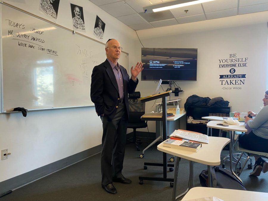 INSIGHT: Life lessons and perspective on a career in politics were imparted to Mr. Liebs Pharmacology class by former White House official Mr. Jeffrey Donfeld, above.