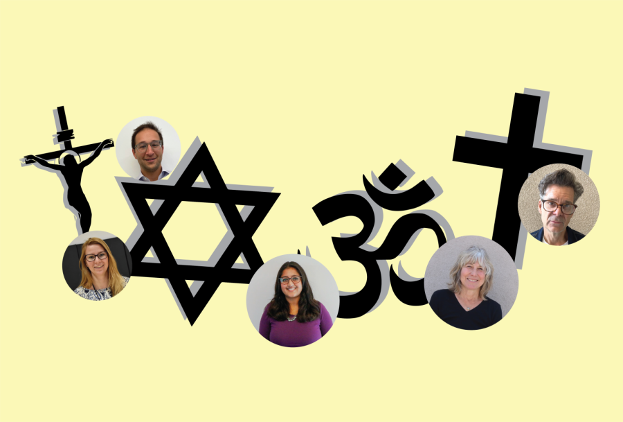 FAITHS: Shalhevet teachers of different religions say they are enriched by learning about others’. From left, Dr. Basheer,  Rabbi Schwarzberg, Ms. Singh, Ms. Fasules and Dr. Harris, with symbols of Catholicism, Judaism, Hinduism and Protestantism. “We’re really not all that different, you know,” said Dr. Harris.
