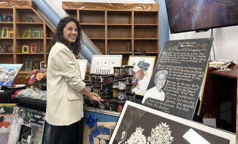 MENTOR: Ms. Garelick curated an exhibition of student art in the Beit Midrash for Shalhevets Celebration Dinner on May 31, honoring Roen Salem zl.