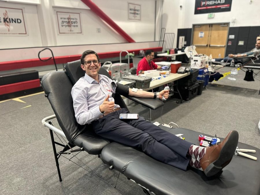 LEADING: Head of School Rabbi David Block was one of the 51 people who donated blood at this years spring drive April 27.
