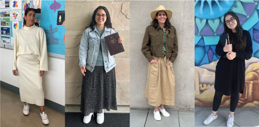 ACTUAL: From left, Shalhevet Judaic Studies staff Natalie  Ravanshenas, Mrs. Tova Goldman, Dr. Sheila Keiter and Ms. Mika Shalom wearing what they wore to work that day. Vogue Magazines photo, at left below, showed Jennifer Lopez and three models in similar garb.