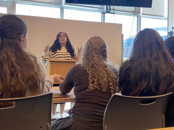 SPEECH: Eliana Vahedifar, one of two newly elected sophomore representatives to the Fairness Committee, gave her election speech in Room 305 Oct. 24.  This year’s campaign had mostly speeches and no signs or flyers.