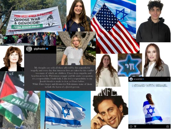 CONFLICT: Celebrities of all stripes have weighed in on the current Gaza war. Shalhevet students have had mixed reactions to statements made on social media. Pictured, in rows beginning at top center, are freshman Emily Gold, sophomore Lev Fishman, Susan Sarandon, Gigi Hadid, senior Yalee Schwartz, Natalie Portman, and Jerry Seinfeld.