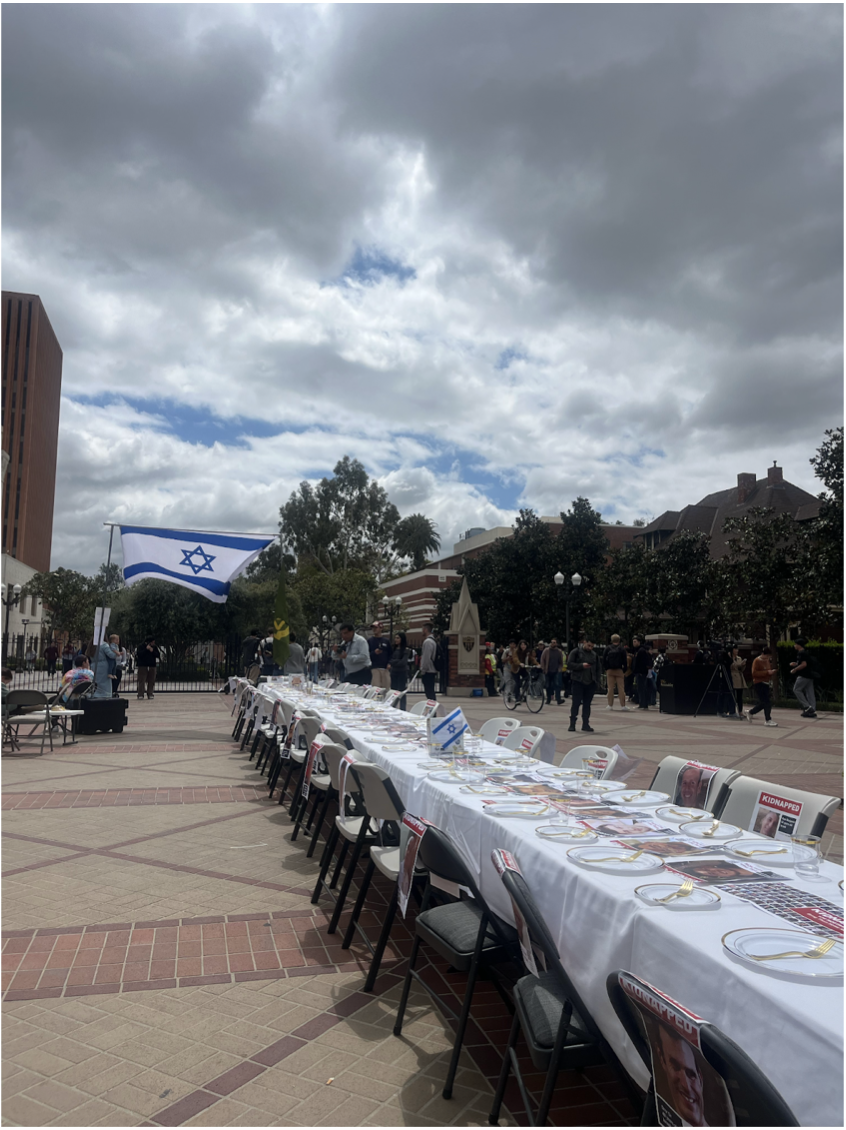 HOPE: Mirroring a similar table in Tel Aviv’s Hostage Square, a display at USC awaits the return of the hostages kidnapped on Oct. 7. (Evan Beller '23)
