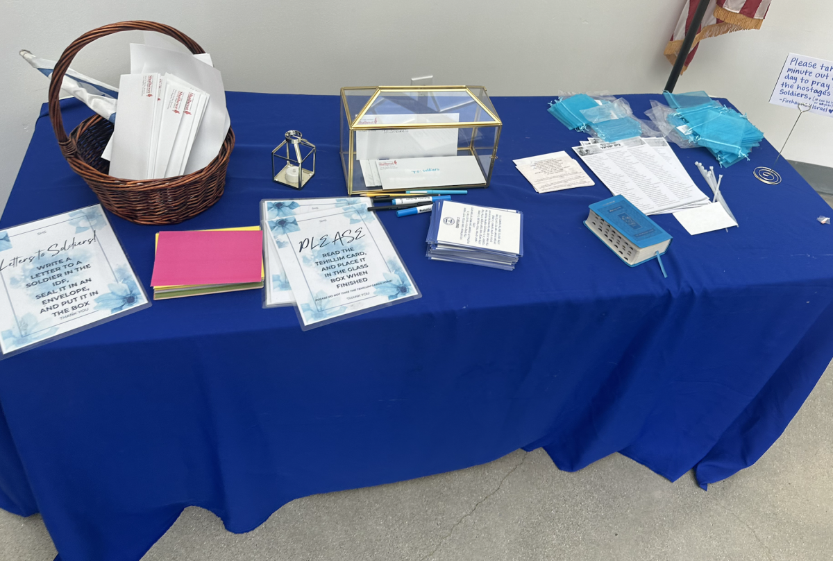 CONTINUITY: Firehawks4Israel set up a table was set up in the foyer with items to encourage prayers, mailing of letters and postcards and other ways to reach out to soldiers and others in Israel. It was still there in June.