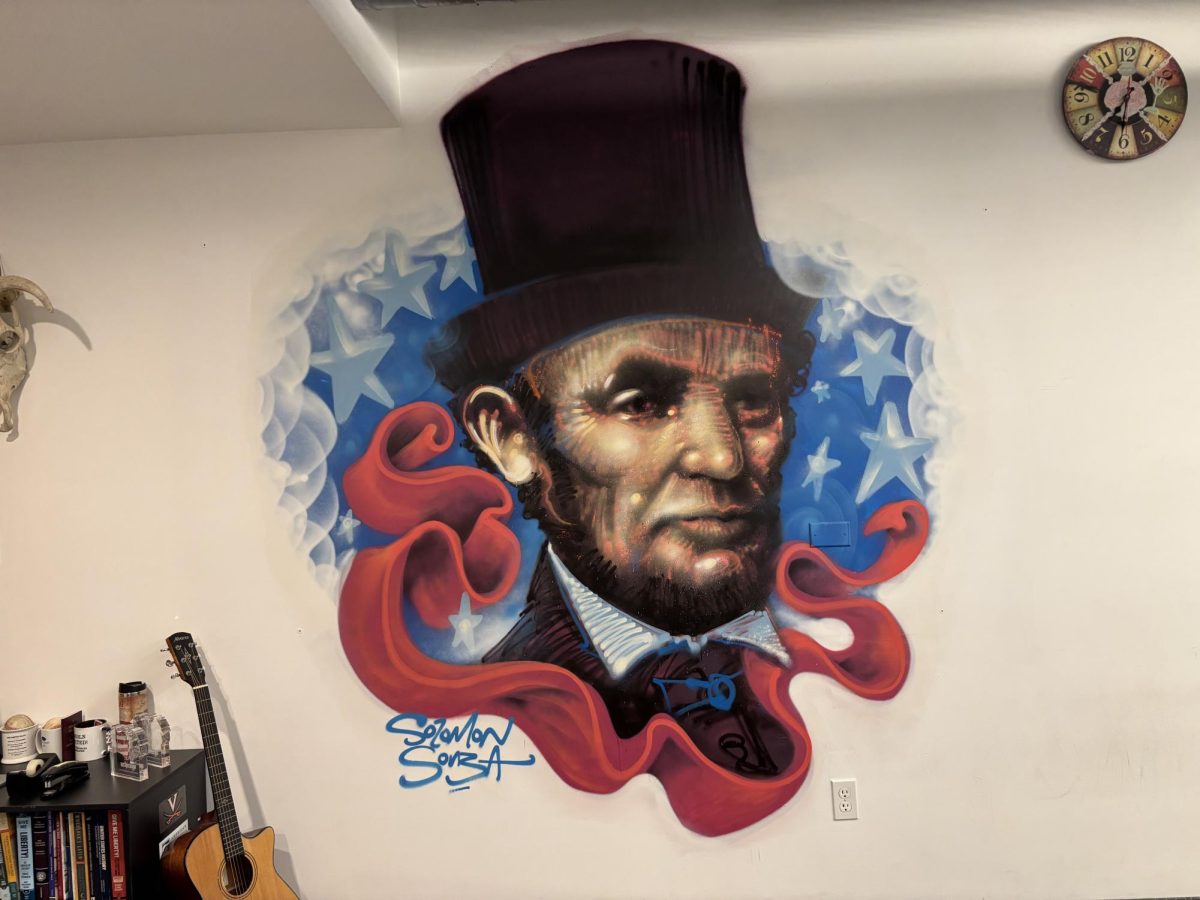 ANOMALY: Dr. Keith Harris’s history classroom hosts the only non-Jewish or Israeli themed mural of Mr. Souza’s Shalhevet collection. Painted in 2022, Abraham Lincoln fills half of a wall, his top hat nearly as big as his face. Shown above.