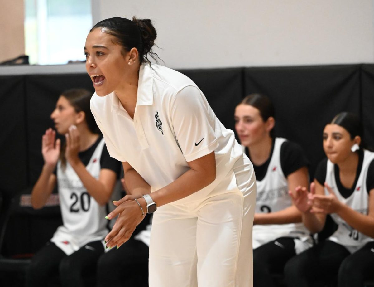 BUILDING: New girls’ basketball coach Sabrina Norton coaches from the sidelines during a Firehawks game.
